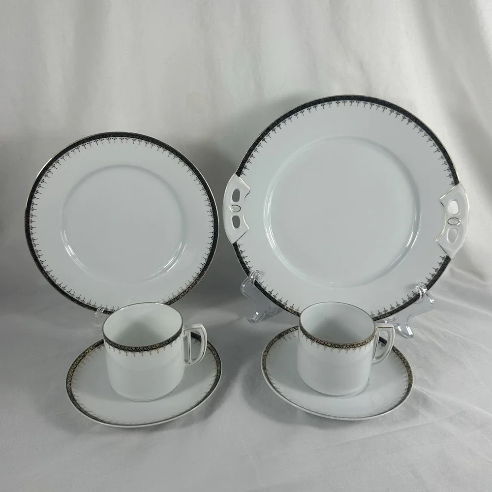 Antique Art Deco Porcelain Demitasse Set Mismatched‎ Cups Saucer Gilt Platter